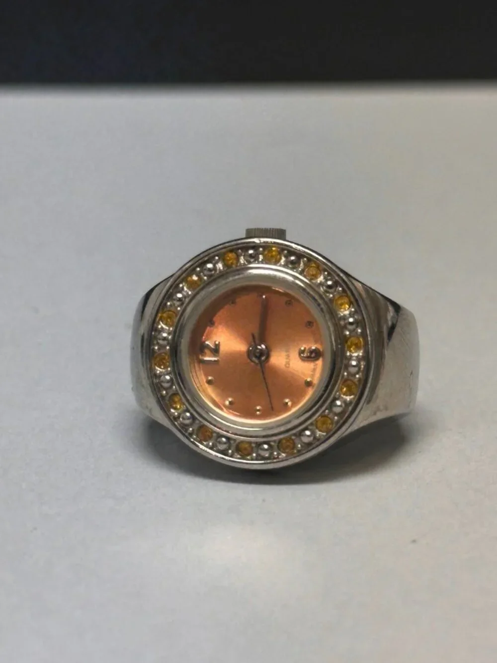 Womens Ring Watch Silver Tone Orange Dial 18MM Stretch Band New Battery